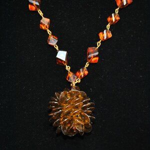 Vintage Amber Lucite / Plastic Beaded Necklace with Pinecone Pendant
